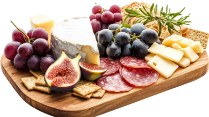 Summer charcuterie board: cheese, grapes, figs, crackers, isolated PNG