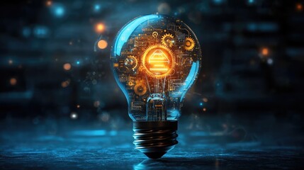Glowing light bulb with digital gears and circuitry inside, isolated on transparent background