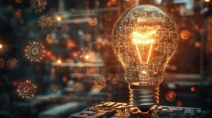 High-resolution light bulb image featuring circuit logic paths and cog mechanisms