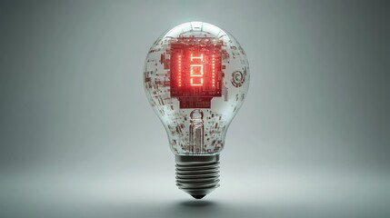 High-tech LED bulb fused with circuit lines and mechanical gears on white surface
