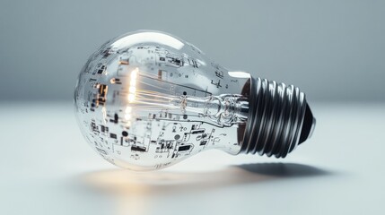 High-tech LED bulb fused with circuit lines and mechanical gears on white surface