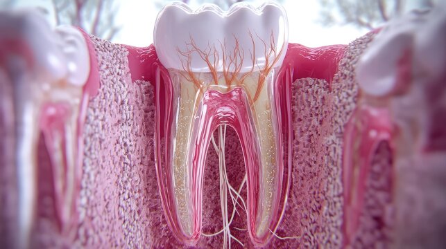 High-detail D rendering of dental structure affected by gingival recession, showing exposed roots and plaque buildup