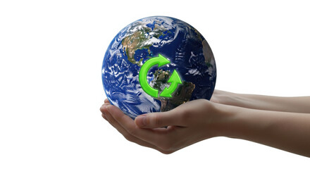 Hands holding Earth, green recycle symbol. Environmental care. Earth Day. Sustainability. Ecology. Conservation. Global duty. Eco future. Save planet. Reduce. Reuse. Recycle.