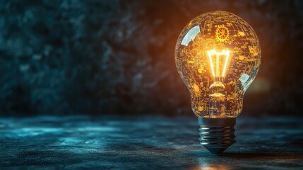 Innovation concept with glowing filament bulb containing gears and circuit patterns, isolated