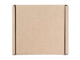 Top view of a closed square box made of brown cardboard against a transparent background. Isolated