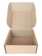 Open cardboard flap square box isolated on transparent background, for shipping and packaging needs. Perfect for e-commerce and logistics.