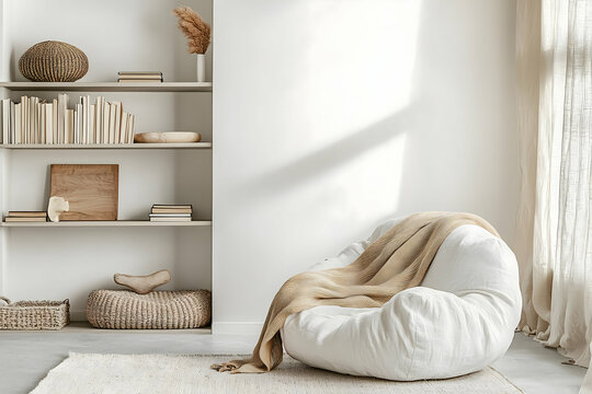 Minimalist cozy living room with warm natural light large white bean bag wooden bookshelf filled with books and subtle decorative objects for a relaxing vibe

