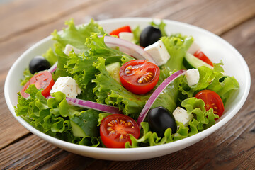 A vibrant greek salad, brimming with crisp lettuce, juicy tomatoes, salty feta cheese, and kalamata olives, rests in a white bowl on a rustic wooden table