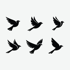 Discover this minimalist bird logo set featuring six unique, black, geometric bird designs in flight. Each logo showcases clean, abstract shapes with symmetrical composition .