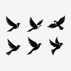 Discover this minimalist bird logo set featuring six unique, black, geometric bird designs in flight. Each logo showcases clean, abstract shapes with symmetrical composition .