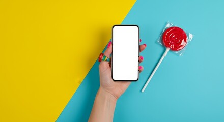 Smartphone mockup in hand with lollipop on colorful background