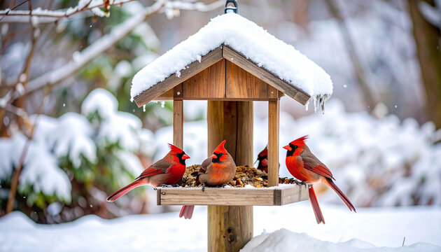 Four vibrant red Northern Cardinals perched on a snow-covered wooden bird feeder, amidst a winter wonderland of snow-laden branches and a blurred snowy background