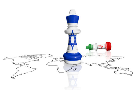 Chess made from Israel and Iran flags on a world map