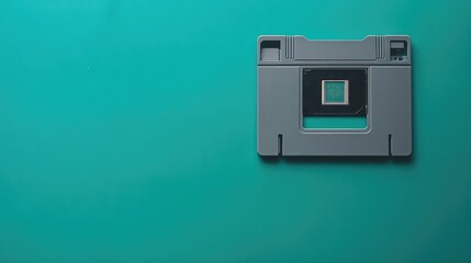 Fototapeta premium Top-down view of a grey floppy disk on a clean teal background, simple tech theme