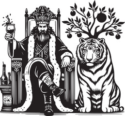 Majestic King enthroned with a Bengal tiger a powerful black and white illustration perfect for graphic design projects and regal themes.