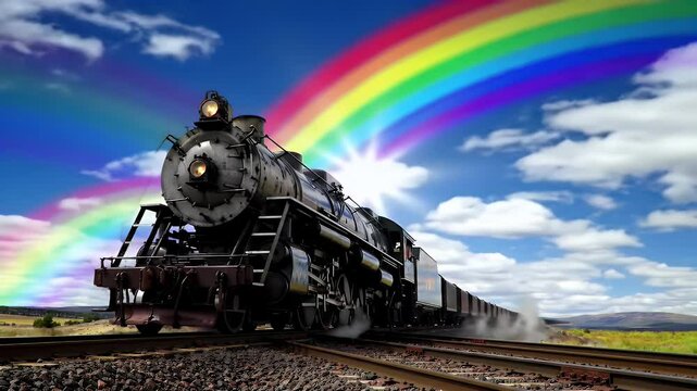 Steam train under a vibrant rainbow