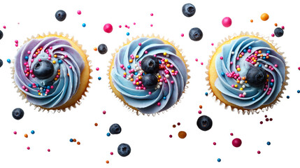 Blueberry lemon cupcakes with colorful sprinkles, flat lay, white background
