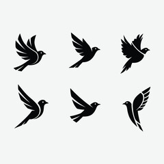 Discover this minimalist bird logo set featuring six unique, black, geometric bird designs in flight. Each logo showcases clean, abstract shapes with symmetrical composition .