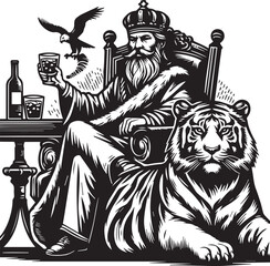 Majestic King enthroned with a Bengal tiger a powerful black and white illustration perfect for graphic design projects and regal themes.