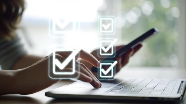 Persons Hands Typing on Laptop and Holding Smartphone with Digital Checkmarks Appearing, Concept of Task Completion, Survey, or Online Voting