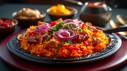 A sizzling plate of Jollof rice, with vibrant colors and rich spices, showcasing the heart and soul of West African cuisine in an elegant culinary composition.