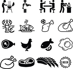 Food and drink set of web icons in line style. Restaurant linear icon collection. Containing meat, fruits, vegetables, desserts, drink, burger, pizza, hot dog, french fries and more