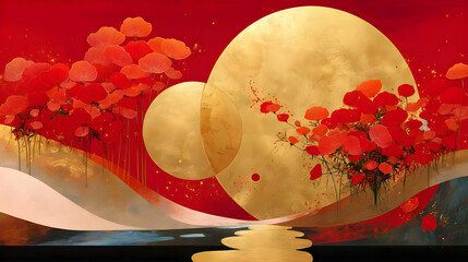 Vibrant Abstract Landscape with Red Blooms and Golden Spheres
