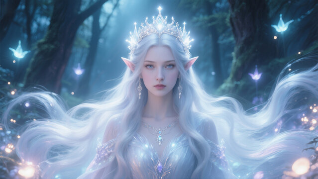 Ethereal elf queen with long flowing hair, glowing crown