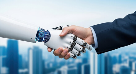 Robot human handshake. AI, machine learning, artificial intelligence adoption. Business assistant, data digital transformation. Science, technology, future of work collaboration. Cityscape.