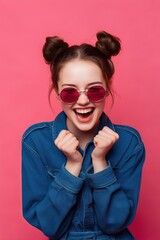 Playful woman with space buns and sunglasses,  smiling