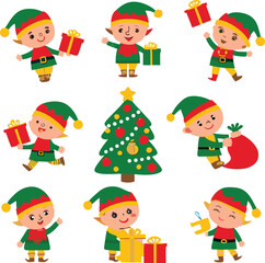Cute Christmas Elves with Gifts Around Decorated Christmas Tree Illustration