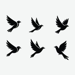 Discover this minimalist bird logo set featuring six unique, black, geometric bird designs in flight. Each logo showcases clean, abstract shapes with symmetrical composition .