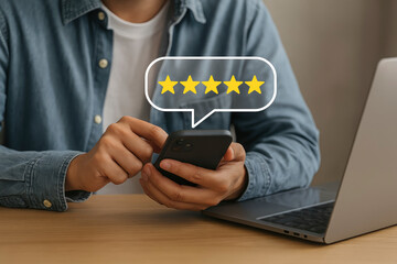 Man Providing Five Star Rating on Mobile Phone for Customer Satisfaction