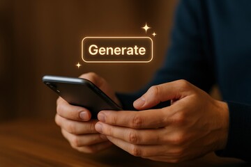 Person Using Smartphone with Glowing Generate Button Overlay, AI Concept 