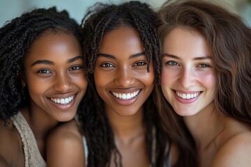 Three radiant women, diverse in ethnicity, share genuine smiles, embodying joy, friendship, and the beauty of unity. Their portraits celebrate natural beauty, positive energy.