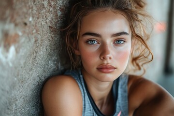 Close-up portrait of a young woman with light brown curly hair and striking blue eyes, leaning against a textured wall.