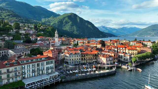 Lago Como drone view, Menaggio village on lake Como in Lombardy, Italy, luxurious holiday destination in Italy, Italian alpine lakes, resort on Como lake