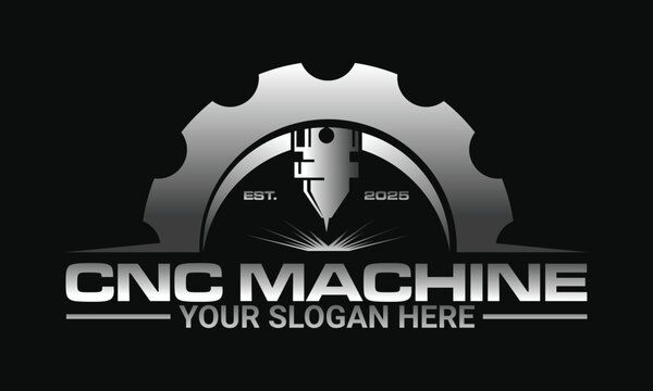 CNC machine logo emblem with plate steel illustration, laser cutting logo design vector