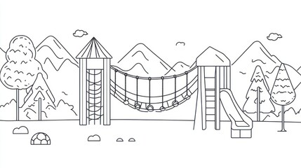 Simple line drawing of a playground nestled in mountains