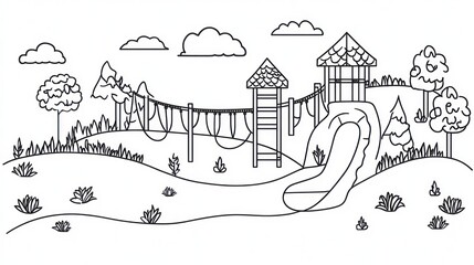 Naklejka premium Black and white line drawing of a playground. Kids' play area with a climbing structure, slide, and rope ladders. Simple landscape with trees and hills. Perfect for coloring