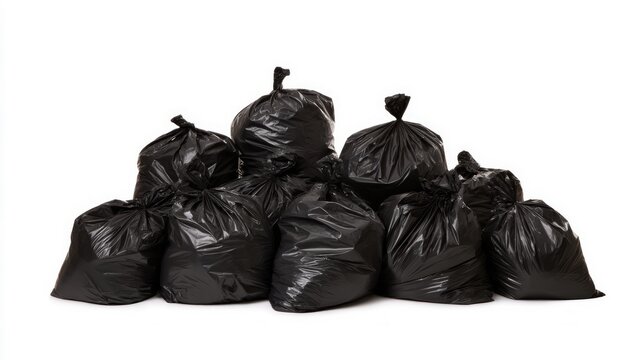Pile of black garbage bags on white background. Neural network AI generated