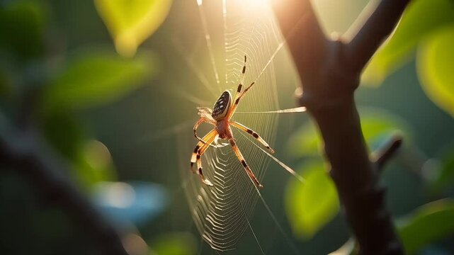 Spider resting still on web with morning sunlight and forest bokeh background. Insect macro concept