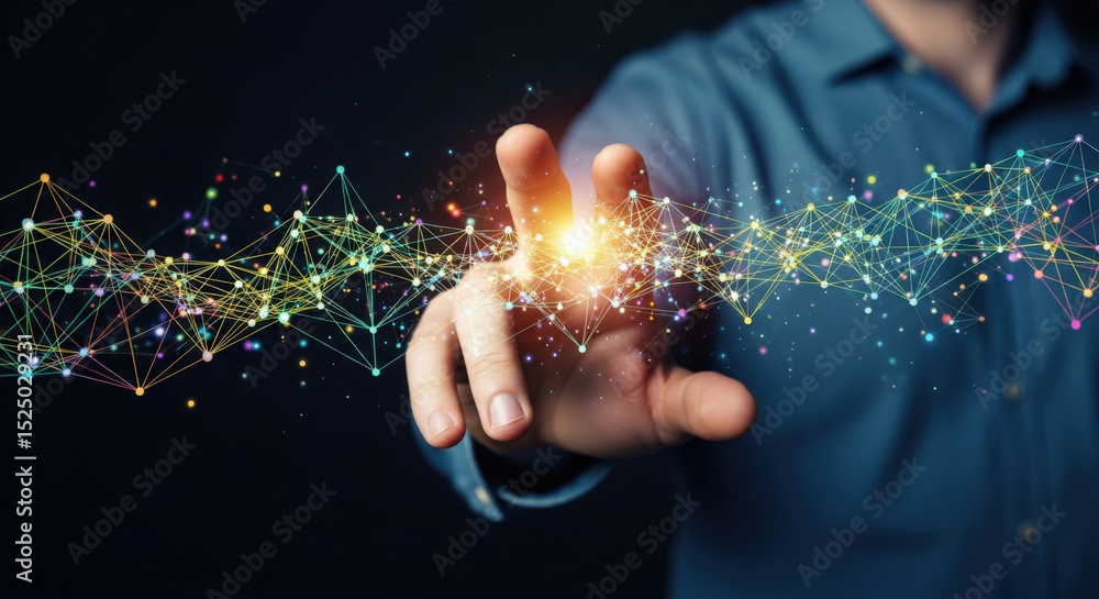 Poster abstract man's hand touching vibrant global network connections. innovative technology shaping futur