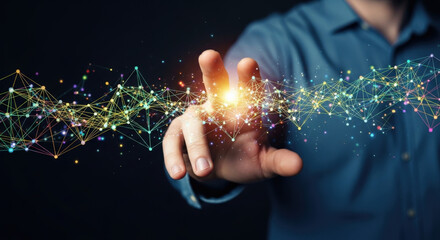 Abstract man's hand touching vibrant global network connections. Innovative technology shaping future science and communication. Digital data, internet, and futuristic concepts at play.