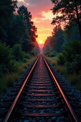 Fototapeta premium Rusty tracks vanish into twilight, grainy film texture, texture, picture, steel