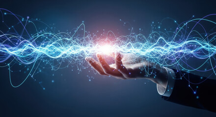 Abstract businessman hand touching glowing global network connections, data streams. Innovative technology, science, AI, big data, future communication, IT, metaverse, digital concept.