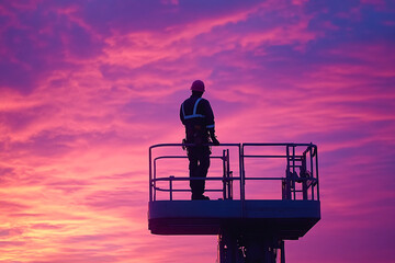 Obraz premium Silhouette of Construction Worker on Lift Against Vivid Sunset Sky, Contemplative and Calm