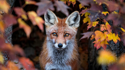 Fototapeta premium Autumnal Fox Peeking Through Fall Foliage