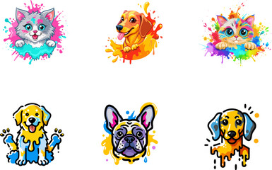 Cute Watercolor Dogs and Cats with Colorful Paint Splash