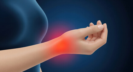 Woman's acute wrist pain. Red area indicates inflammation, injury, carpal tunnel, arthritis, or tendinitis. Medical concept joint ache, sprain, strain. Health problem. Body part. Dark blue background.